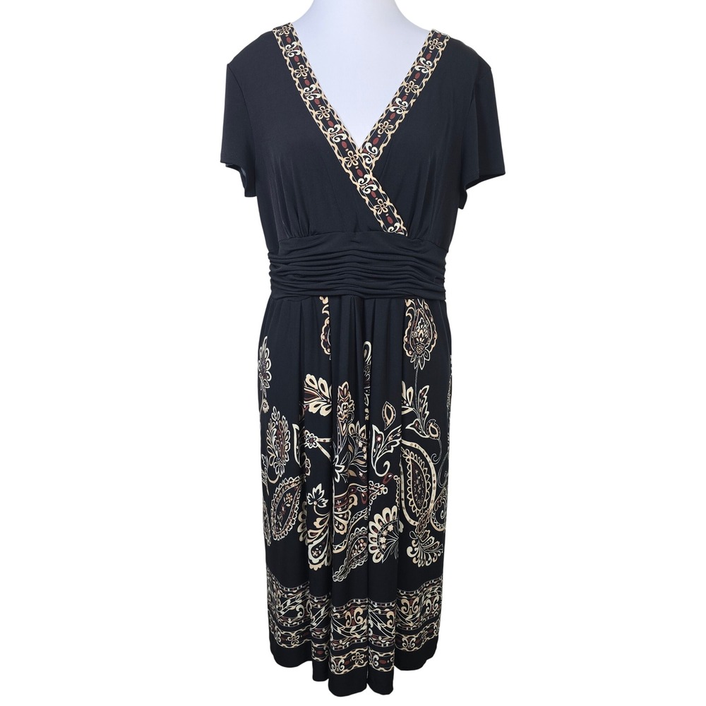 Studio I Petite Women Black‎ Paisley Print Faux Wrap Midi Dress 14P Ruched Waist